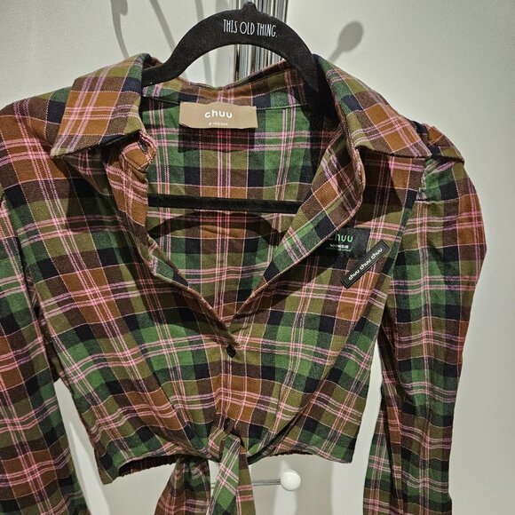 Korean Made Plaid Tie Front Crop Shirt - Picture 5 of 8